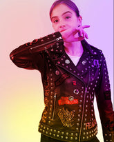 Women’s Gothic Punk Leather Jacket – Chaos UK, Misfits & Sex Pistols Patches, Studded Patchwork Moto Fit, Custom Clubwear